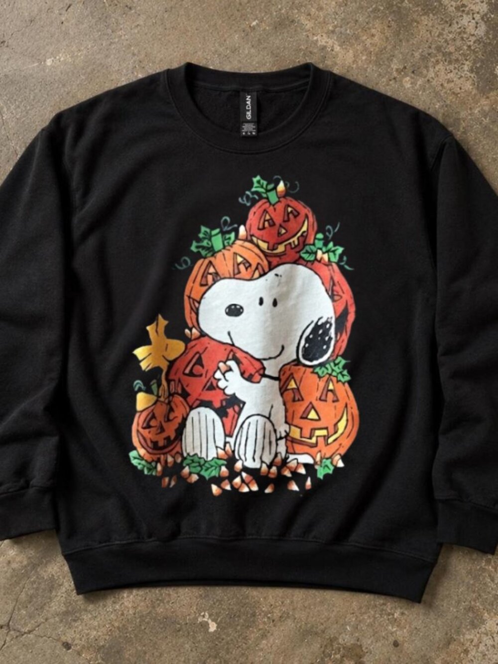 Gildan Black Halloween Snoopy Sitting Next To Pumpkins Graphic Sweatshirt